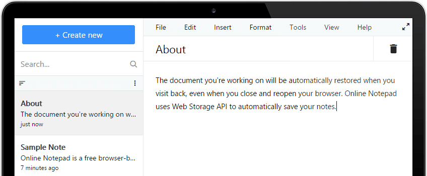 Tinfo Online Notepad Screenshot